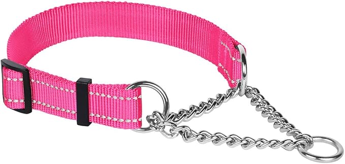 CollarDirect Martingale Dog Collar Training Adjustable Stainless Steel Chain Reflective Nylon Pet Collars for Medium Large Dogs (M, Neck Fit 14"-20", Pink)
