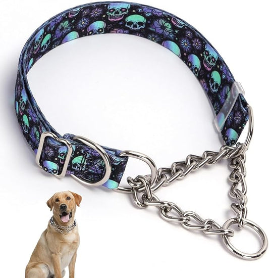 Stainless Steel Chain Martingale Collar for Dogs, No Pull Slip Cinch Choker Choke Collar Training Escape Proof Heavy Duty Dog Collar for Small Medium Large Pet Boy Male Dogs, Skull L
