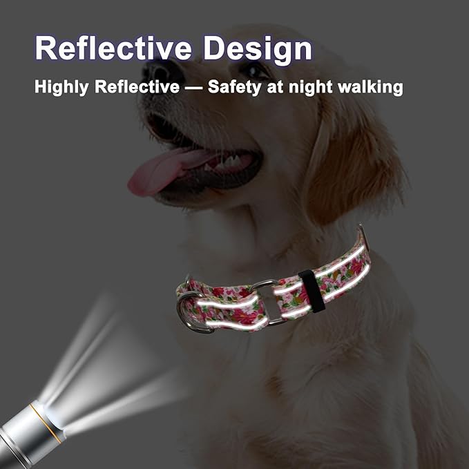 Reflective Martingale Collar for Dogs Nylon Training Collar with No Buckle Cute Floral No Pull Dog Collar for Medium Dogs（Pink Flower，M）
