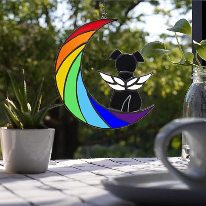 Dog Memorial Gifts for Loss of Dog Pet Sympathy Hanging Gift Black Angel Dog on Rainbow Moon Acrylic Beverage Suncatcher Ornaments Decor Window Wall Gift for Dog Lover