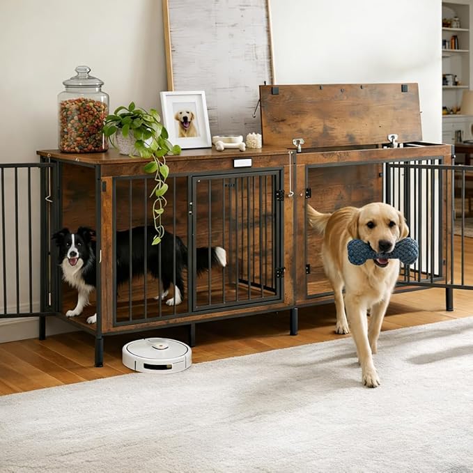 Extra Large 78" XXL Dog Crate Furniture with Removable Divider, 400LB Capacity Heavy Duty Kennel for 1-2 Dogs, Wooden Pet Cage with Flip-Top, Entertainment Center, Dog House TV Stand