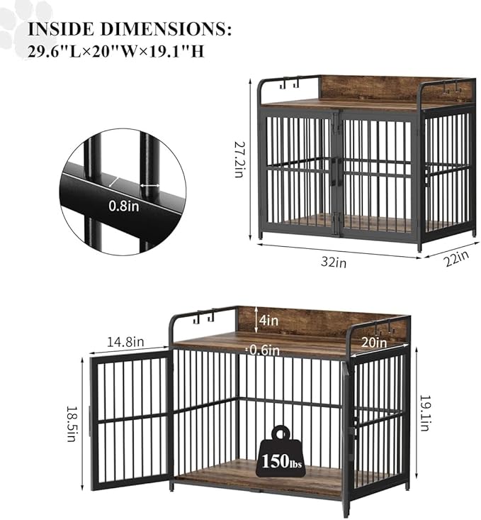 Large Dog Crate Furniture for Dogs, Wooden Decorative Heavy Duty Indoor Dog Kennel with Double Doors for Medium Small Breed, Pet House Dog Cage with Side End Table
