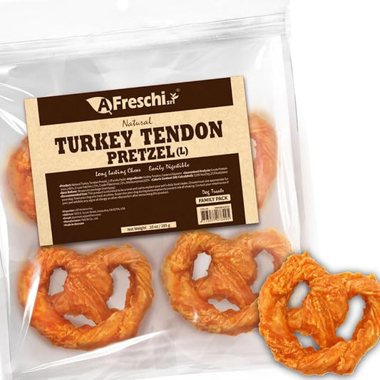 A Freschi srl Turkey Tendons for Dogs, USA-Sourced, Healthy Dog Treats, Rawhide-Free Puppy Chews, Long Lasting, All Natural, Hypoallergenic Dog Treats for Large Breeds, 10 oz Pack Pretzel (L)