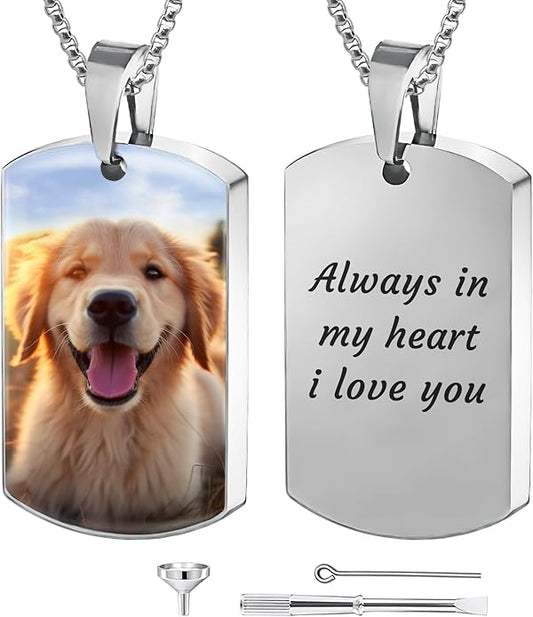 Funnylife Personalized Pet Urn Necklaces for Dog Cat Ashes Custom Photo Text Stainless Steel Cremation Jewelry Pet Loss Memorial Gift