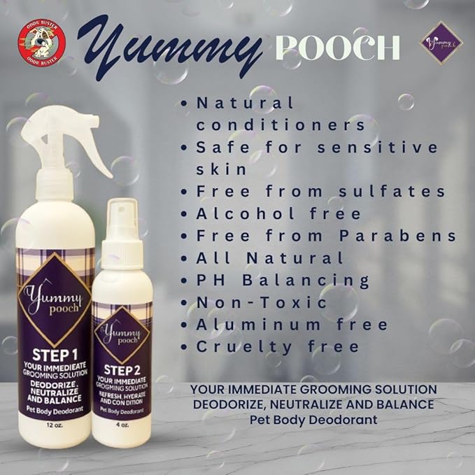 Yummy Pooch Dog Deodorant Baby Clean (Baby Powder Scent) - All-Natural 2-Step Odor Control & Coat Hydration - Includes Bandana & Travel Bag - Made in USA - 8oz and 4oz
