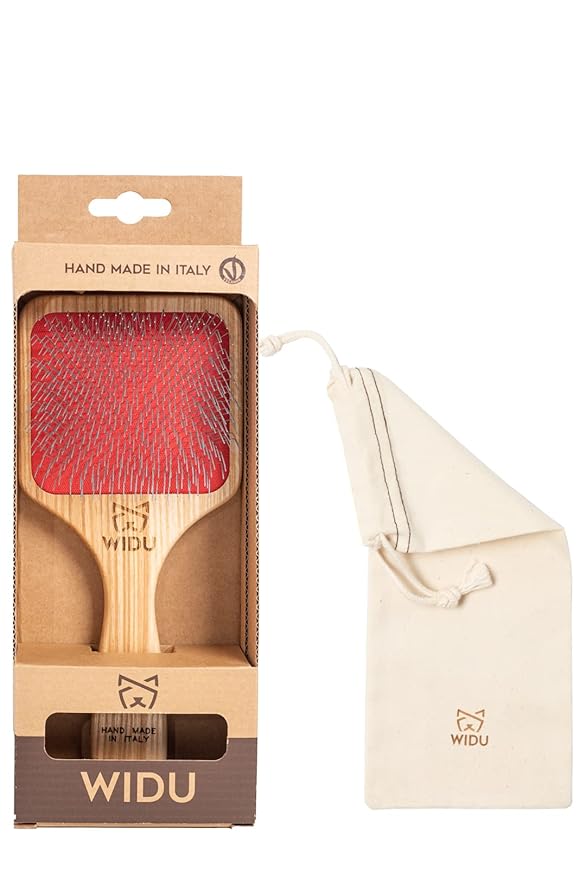 WIDU - Brush for Dogs and Cats, Ideal for Medium and Large Pets with Long Hair, Professional Carder in Ash Wood, Handmade in Italy - 21.5 x 9.4 cm, with 24 mm Long Teeth and 45° Inclination