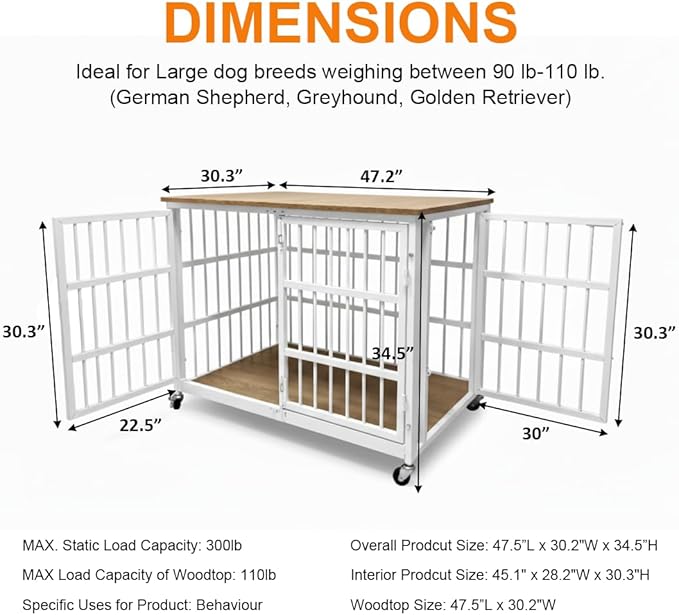 48" Dog Crate Furniture, Heavy Duty Dog Kennel Indoor for Large Dogs, Escape-Proof and Chew-Proof Wooden Dog Cage for high Anxiety Dog, Decorate House as TV Stand, End Table