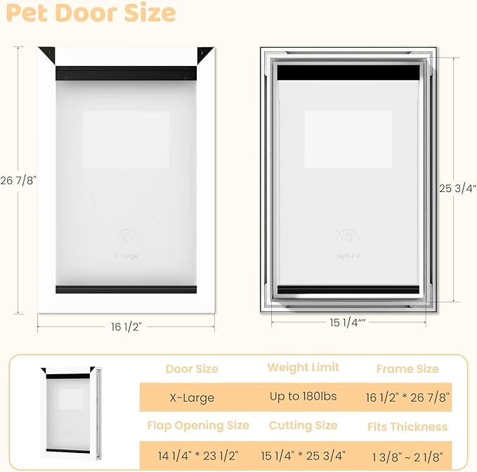 HARDLIGHT Aluminum Frame XL Dog Door - Up to 180 LBS, Double Soft Flaps with Magnetic Closure, Adjustable Telescoping Tunnel XL Dog Door with 2 Sliding Panels, Easy Install, Snow White, X-Large
