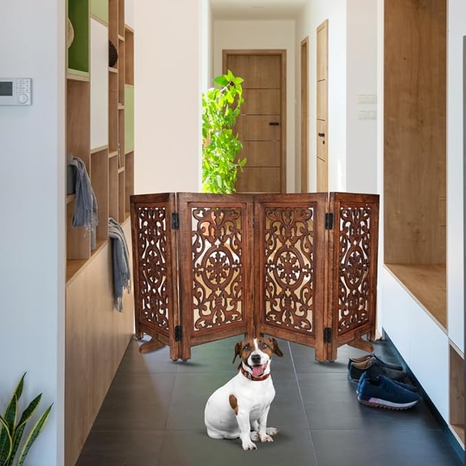 Decorative Wooden Pet Gate, Dog Fence, Cat Gate, Foldable, Adjustable, Portable, Extra-Wide, Wooden Dog Barrier, Free-Standing Puppy Gate 4 Panels for Indoor, Doorways, Stairs-26x52 Inch Antique Burnt