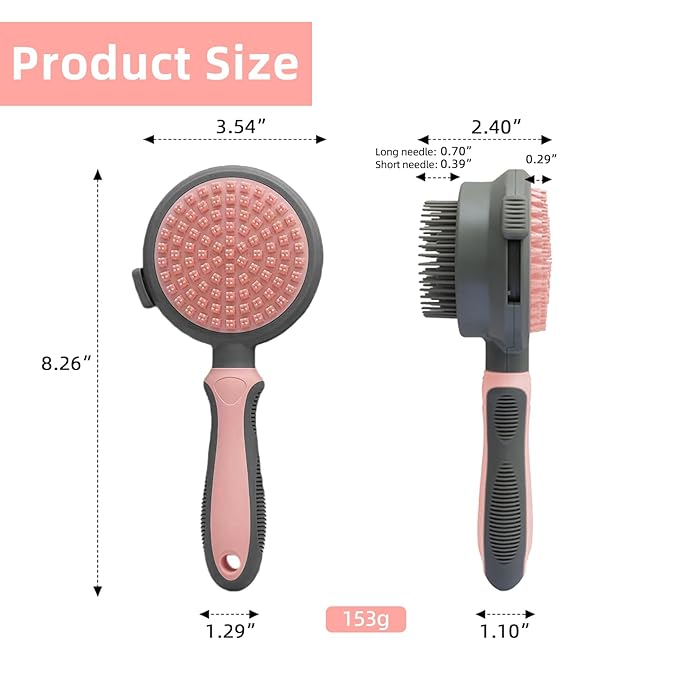 Pink Retractable Self-Cleaning Dog Bath Brush Double-Sided Dog Shedding Brush Long&Short Pin Cat Deshedding Brush Pet Grooming Tool for Dogs and Cats Remove Loose Hair Mats Knots Tangles