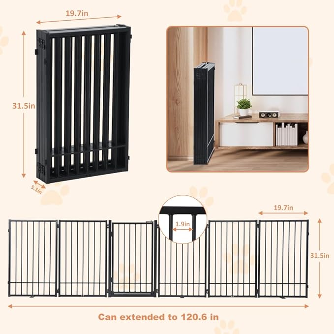 SMONTER Free Standing Dog Gate with Door Walk Through, 120'' Extra Wide Indoor Dog Fence, 31.5'' Height 6 Panels Foldable Metal Pet Puppy Gate for Stairs, Hallways, Doorway