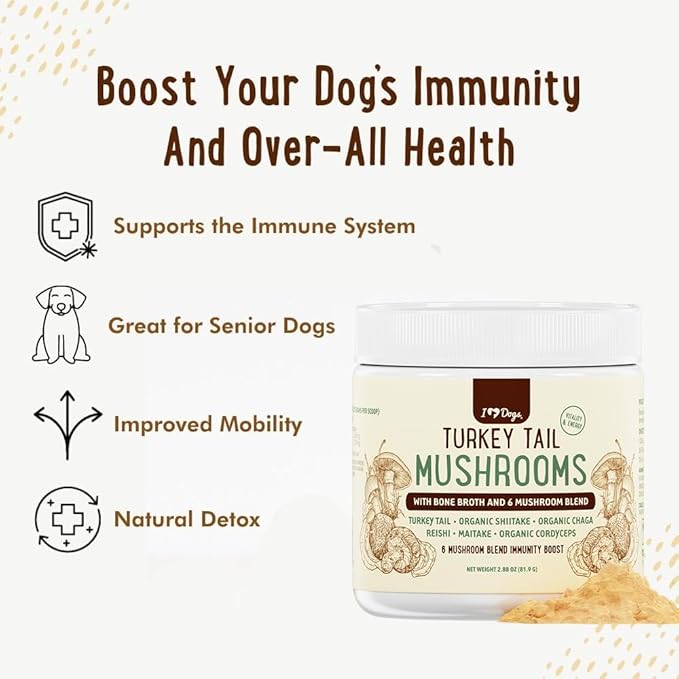 iHeartDogs Turkey Tail Mushroom for Dogs for Lumps, Bumps & Lipomas with Bone Broth and 6 Mushroom Blend Powder