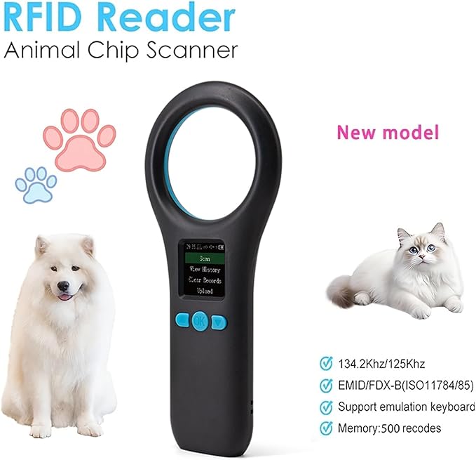 Pet Microchip Scanner, 134.2KHz/125KHz Animal Chip Reader Rechargeable Reader with 500 Data Storage, EMID/FDX-B/ISO1784/85 Pet ID Scanner for Dog/Cat/Pig/Animal (Black)