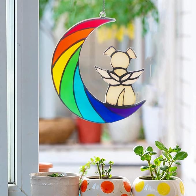 Dog Memorial Gifts for Loss of Dog Pet Sympathy Hanging Acrylic White Angel Dog on Rainbow Moon Dog Beverage Suncatcher Ornaments Decor Window Wall Sympathy Gift for Dog Lover