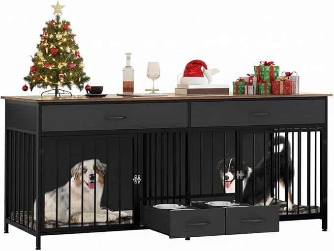 YITAHOME 74.8" Double Dog Crate Furniture with Dog Feeder, Heavy Duty Indoor Dog Kennel TV Stand with Drawers, Sturdy Dog Kennel with Divider for 2 Medium Large Dogs, Black