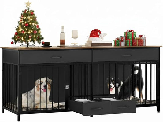 YITAHOME 74.8" Double Dog Crate Furniture with Dog Feeder, Heavy Duty Indoor Dog Kennel TV Stand with Drawers, Sturdy Dog Kennel with Divider for 2 Medium Large Dogs, Black