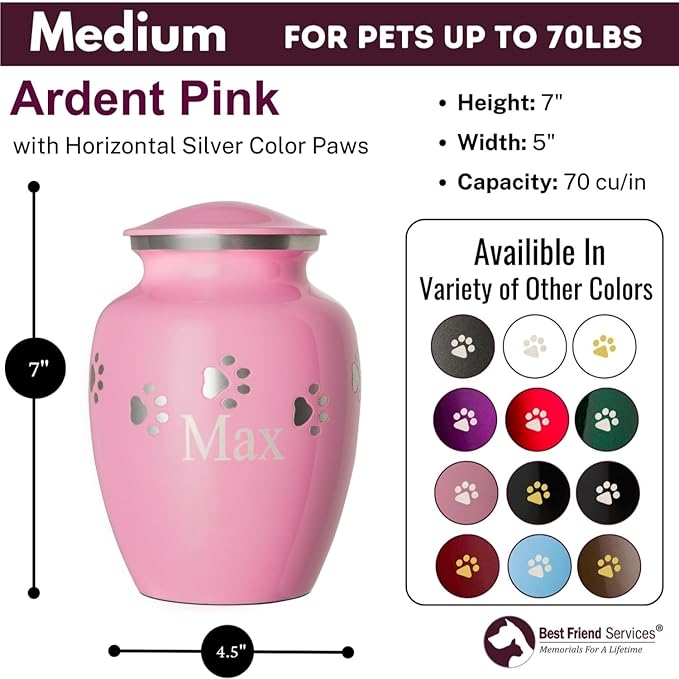 Ottillie Paws Premier Series Pet Urn for Dogs with Personalized Laser Engraving (Medium - Pets up to 65 lbs, Ardent Pink with Horizontal Pewter Paws)