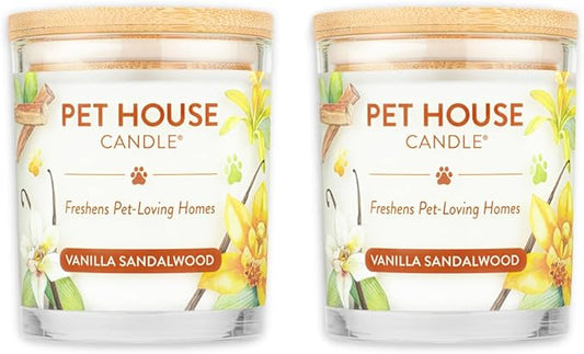 One Fur All Pet House Candle 2 Pack - Plant-Based/Soy - Clean Burning Scented, Long Lasting Pet Odor Candle for Home - Vanilla Sandalwood