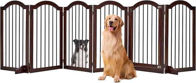 PrimeZone 144" Extra Wide Dog Gate - 6-Panel 30" Tall Solid Acacia Wooden Freestanding Puppy Gates with Door, Foldable Indoor Pet Fence for Doorways, Stairs, Support Feet Included, Brown