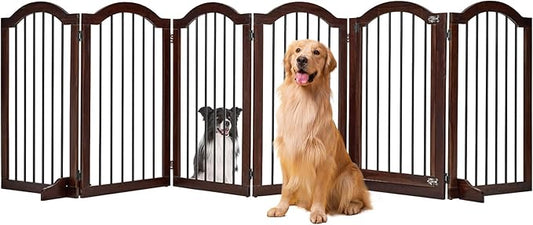 PrimeZone 144" Extra Wide Dog Gate - 6-Panel 30" Tall Solid Acacia Wooden Freestanding Puppy Gates with Door, Foldable Indoor Pet Fence for Doorways, Stairs, Support Feet Included, Brown