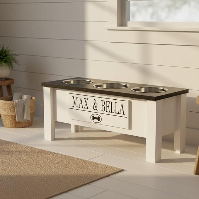 GTW Elevated 3 Bowl Dog Feeding Station - Customized Triple Stand for Large Dogs - Includes Storage & Stainless Steel Bowls (Large, Black)