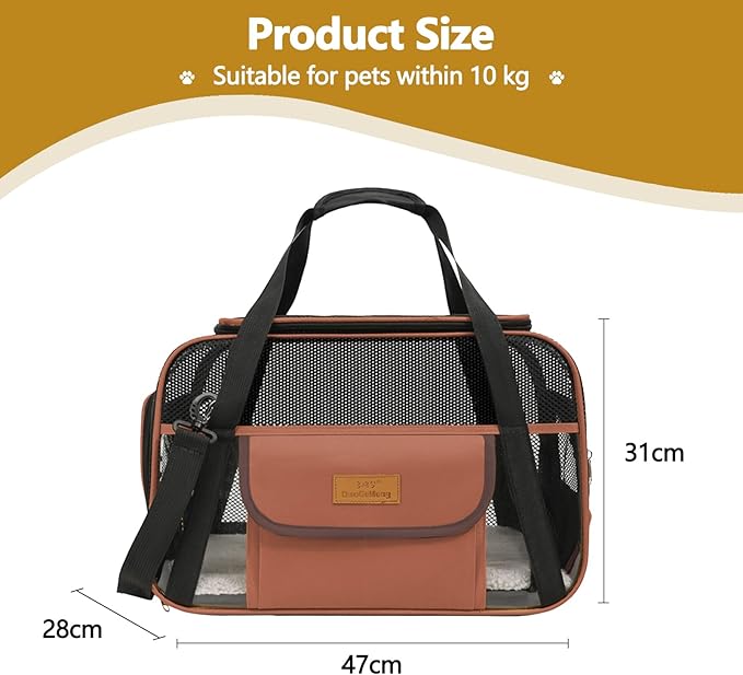 Pet Carrier, Airline Approved Small Dog Cat Carrier, Collapsible Travel Dog Bag, Dog Soft-Sided Carriers with Secure Zippers and Anti-Scratch Mesh(Brown)