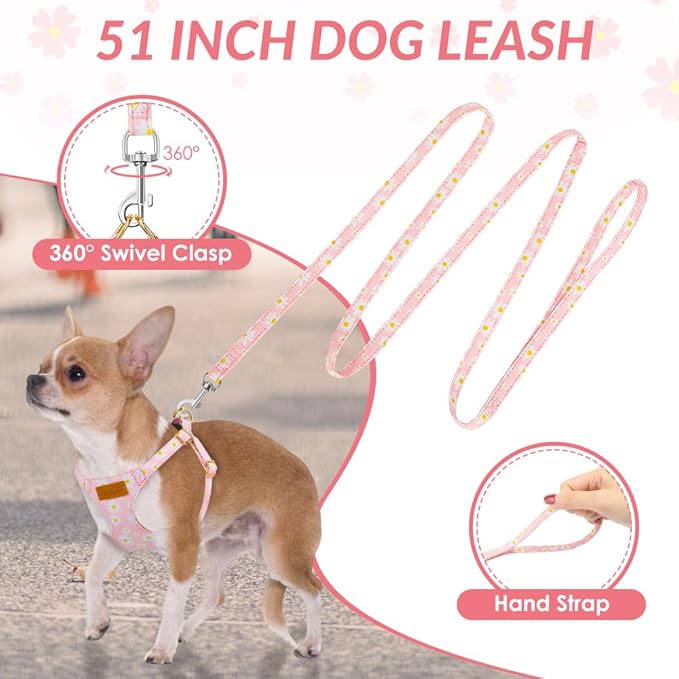 SlowTon No Pull Dog Harness with Leash - Soft Lightweight Floral Pattern Puppy Harness, Adjustable Pet Harnesses for Small Medium Dogs (Pink Daisy XS)