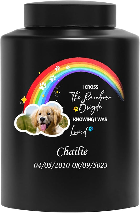 Custom Urns for Dogs Cats Ashes Personalized Memorial Pet Urn with Name and Photo Pet Cremation Urn for Loss of Dog or Cats Engraved Pet Funeral Urn (Rainbow)