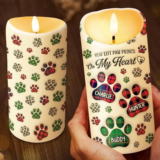 Personalized You Left Paw Prints On My Heart Memorial Led Candle Decor For Dog Mom & Dad On Pet Birthday & Memorial Remembrance Gift