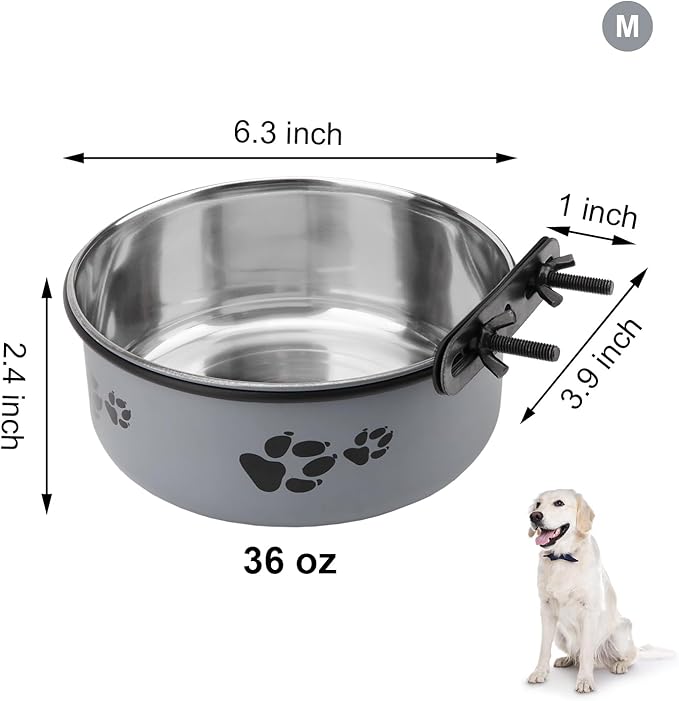 Dog Bowl Kennel Water Bowl Hanging Stainless Steel Pet Food Water Bowl Cage Feeding Cup Feeder for Medium and Small Dogs Cats (Gray, Medium 6.3")