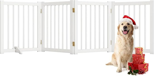 Solid Wood Freestanding Pet Gate - 4 Panels 24" - Folding Safety Fence with 2 Support Feet - Ideal for Stairs, Doorways, Halls, Kitchens - Indoor Wooden Dog Gate - White Color