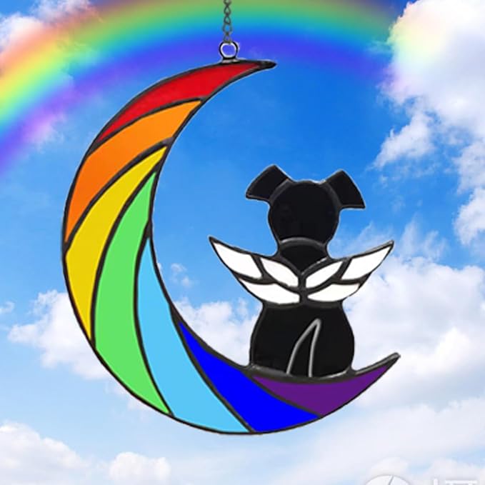 Dog Memorial Gifts for Loss of Dog Pet Sympathy Hanging Gift Black Angel Dog on Rainbow Moon Acrylic Beverage Suncatcher Ornaments Decor Window Wall Gift for Dog Lover