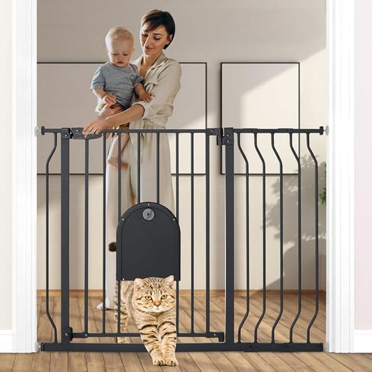 COMOMY 29.5-43.7" Baby Gate with Adjustable Cat Door,Extra Wide Metal Cat Gate for Stairs Doorways, Auto Close Dog Gate with Pet Door for House, Pressure Mounted Easy Walk Through (30" Tall, Black)