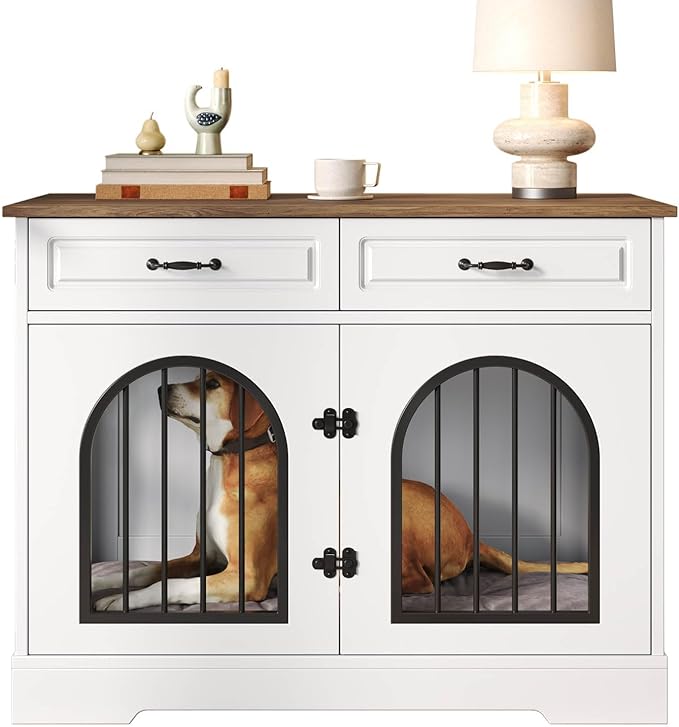 43.3" XL Dog Crate Furniture for Small and Medium Dog, Heavy Duty Indoor Dog Kennel with 2 Storage Drawers, Wooden Decorative Dog Cage with Side Doors, End Table Dog Crate, White