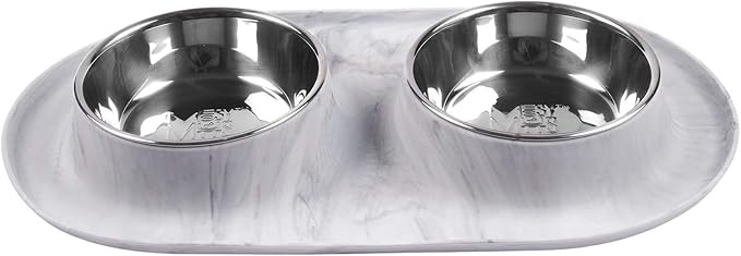 Messy Mutts Double Silicone Feeder with Stainless Bowls | Non-Skid Food Dishes for Dogs for All Pets | Dog Food Bowls | Medium, 1.5 Cups Per Bowl | Marble