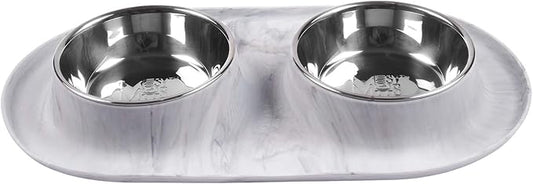 Messy Mutts Double Silicone Feeder with Stainless Bowls | Non-Skid Food Dishes for Dogs for All Pets | Dog Food Bowls | Medium, 1.5 Cups Per Bowl | Marble