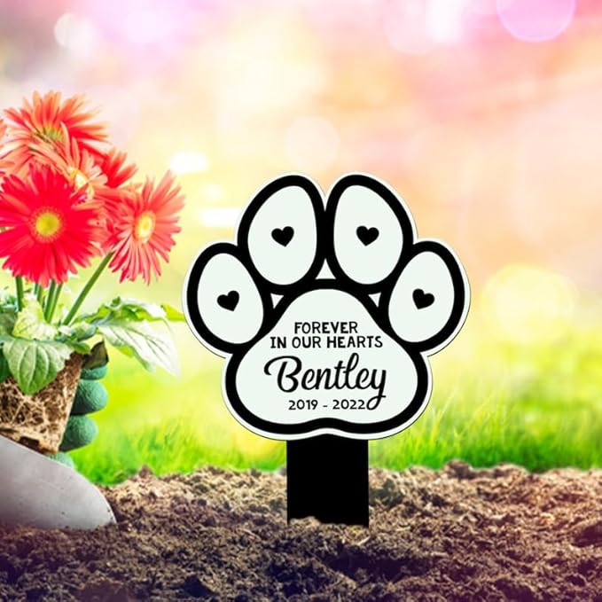 Personalized Dog Memorial Stake Pet Paw Forever In Our Hearts Metal 8x8 inch Pet Grave Marker Loss Gift Sympathy Gift for Dog Lover (Style 14)