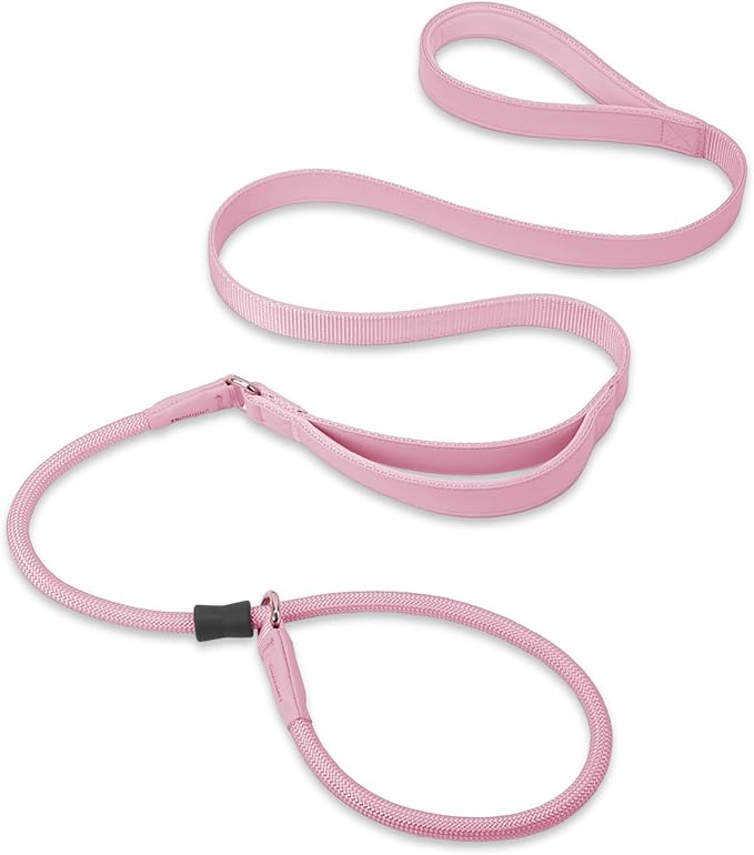 Slip Lead Dog Leash, Soft Leather Dog Training Leash with Double Handle, Heavy Duty Nylon Dog Lead Slip Lead and Collar, No Pull Walk for Medium Large Small Dogs 6ft Pink