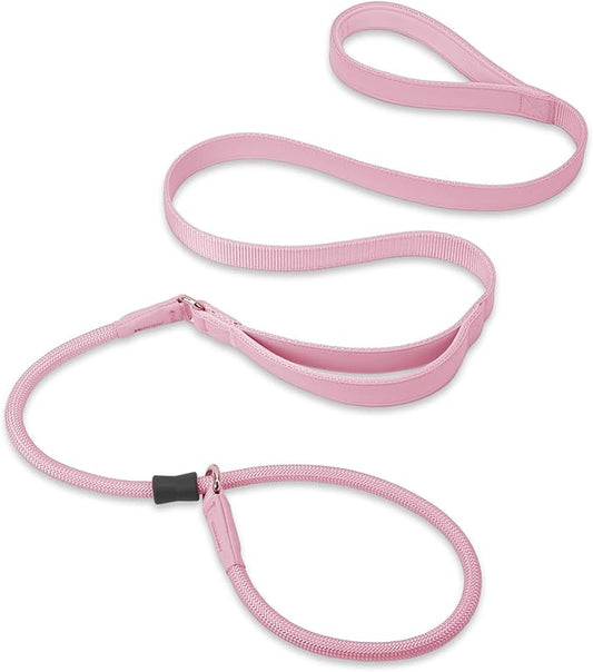 Slip Lead Dog Leash, Soft Leather Dog Training Leash with Double Handle, Heavy Duty Nylon Dog Lead Slip Lead and Collar, No Pull Walk for Medium Large Small Dogs 6ft Pink