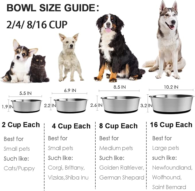 Deep Stainless Steel Non-Skid Dog and Food Bowls, Each Holds Up to 16 Cups, Set of 2 Packs(10.2 x 3.2 Inches)