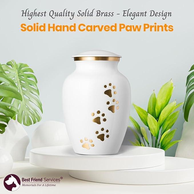 Ottillie Paws Legacy Series Pet Urn for Dogs, Handmade Brass Memorial Cremation Urn (X-Large - Pets up to 170 lbs, Cloud White Vertical Brass Paws)
