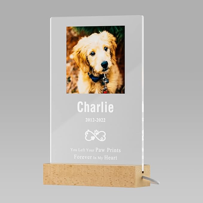 Bemaystar Personalized Dog Memorial Gifts Custom Photo Night Lights Pet Loss Gifts Dog Memorial Plaque Cat Memorial Photo Frame Sympathy Gifts with Picture Name Date