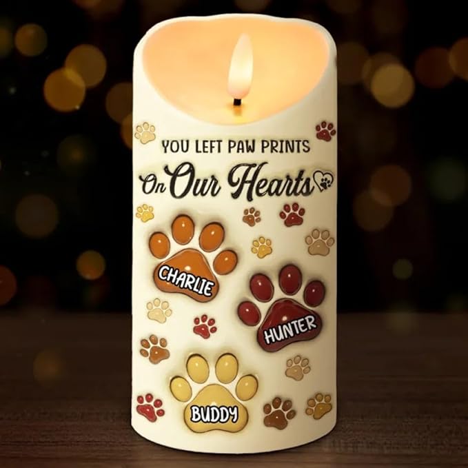 Personalized You Left Paw Prints On Our Hearts 3D Inflated Effect Printed Led Candle Gift Dog Cat Memorial Sympathy Remembrance Gift For Dog Mom Cat Mom Pet Owners On Christmas Pet Birthday Gifts