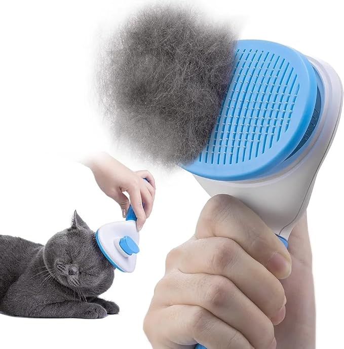 Self-Cleaning Cat and Dog Slicker Brush - Grooming Comb With Smooth Handle, Pet Grooming Tool With Cleaning Button for Shedding and Massage (BLUE)