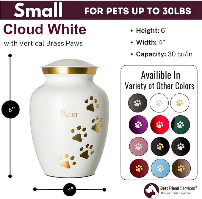 Ottillie Paws Premier Series Pet Urn for Dogs and Cats with Personalized Laser Engraving (Small - Pets up to 25 lbs, Cloud White with Vertical Brass Paws)