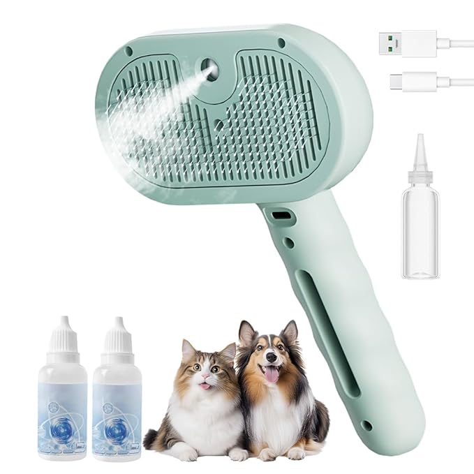 3 in 1 Pet Grooming Spray Brush for Dogs & Cats, Deshedding Hair Removal Tool with Water Mist, Grooming Tool for Long Short Hair Pets (Green)