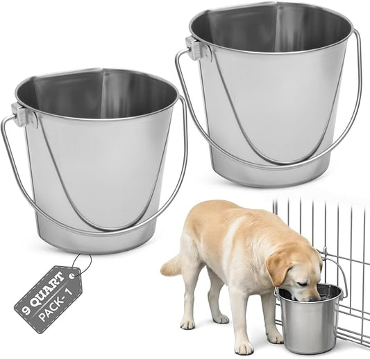 Flat Side Stainless Steel Bucket 9 Quart Hanging Feeding Utility Pail for XL Dog Goat Sheep Horse Livestock, Fits Kennel Cage Farm, Heavy Duty Food & Water Feeder, 2.25Gallon Silver 2Pack