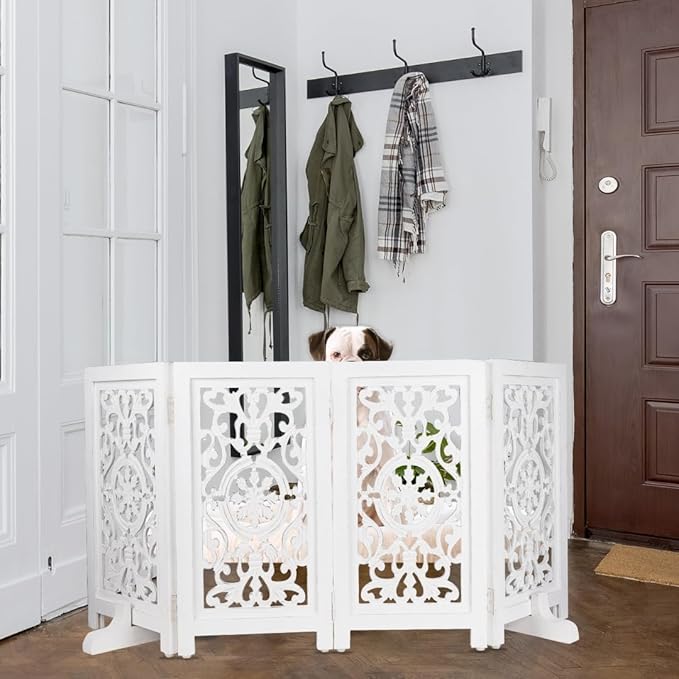 Decorative Wooden Pet Gate, Dog Fence, Cat Gate, Foldable, Adjustable, Portable, Extra-Wide, Wooden Dog Barrier, Free-Standing Puppy Gate 4 Panels for Indoor, Doorways, Stairs-26x52 Inch Antique White