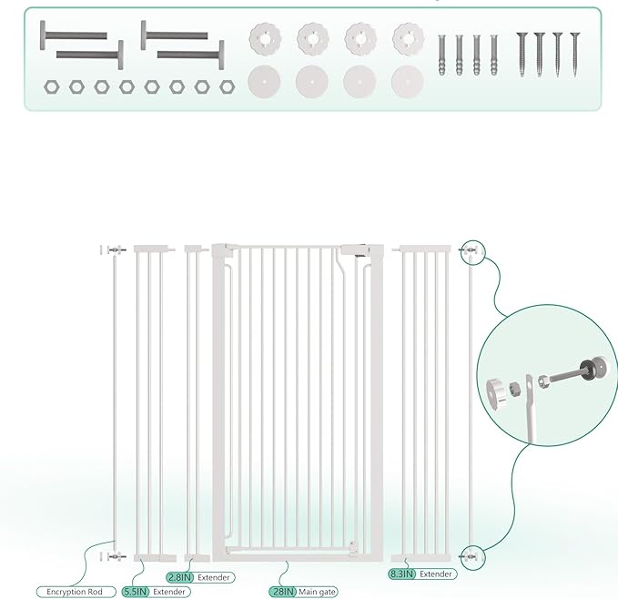 51" Extra Tall Cat Gate 30"-49.27" Wide, Auto Close, Pressure Mounted, for Cats & Small Dogs, Hallway, Stairs, Kitchen, Not Baby Gate,White