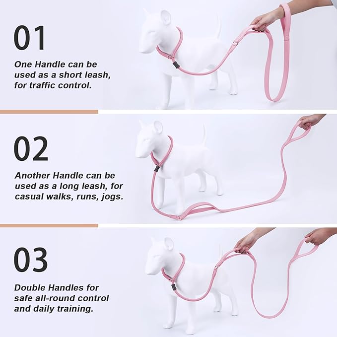 Slip Lead Dog Leash, Double Handle, Soft Leather, Heavy Duty Nylon, No Pull Walking, 5ft Pink